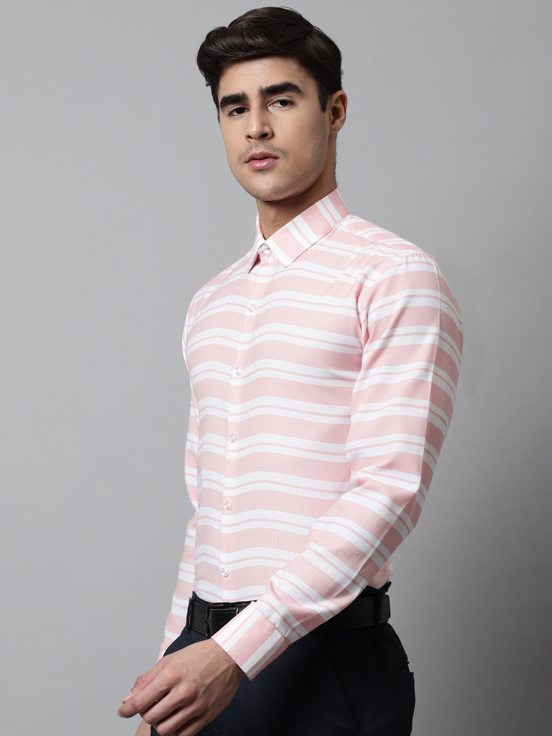 Jainish Men's Peach Classic Horizontal Striped Formal Shirt - Distacart