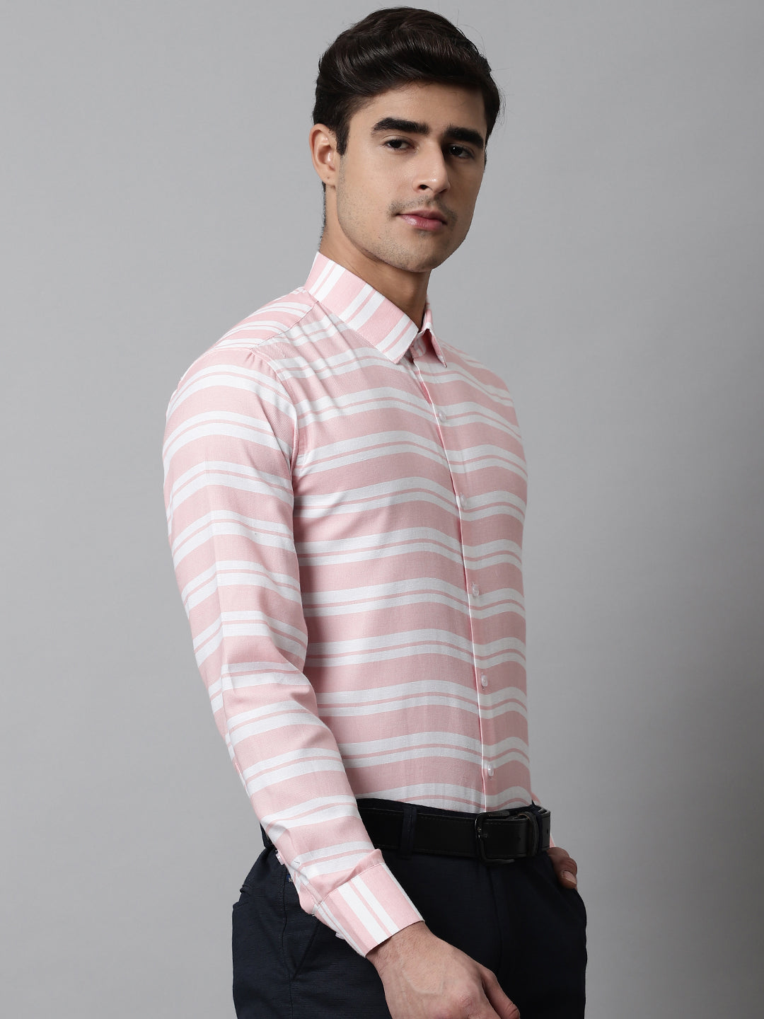 Jainish Men's Peach Classic Horizontal Striped Formal Shirt - Distacart