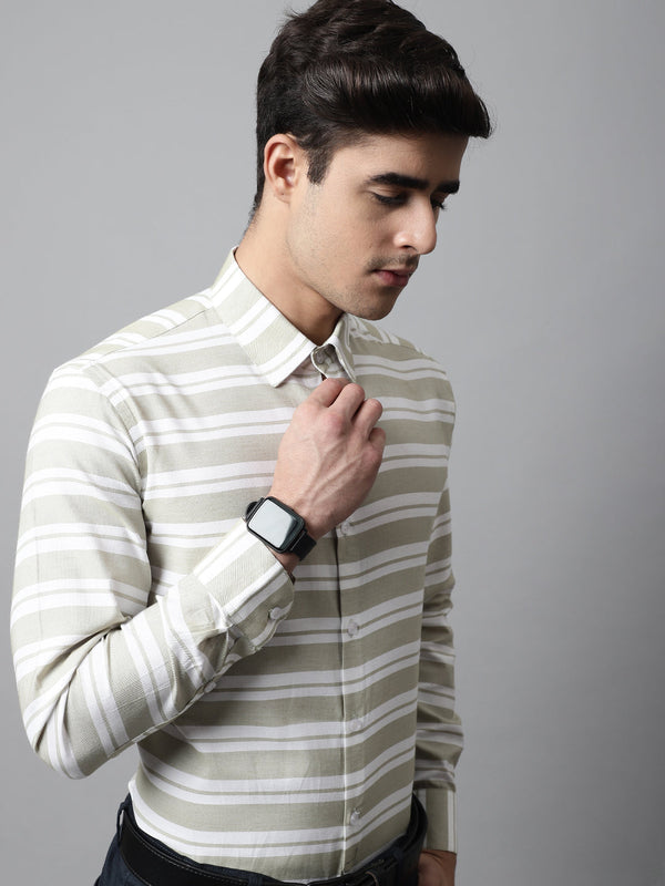 Jainish Men's Pista Green Classic Horizontal Striped Formal Shirt - Distacart
