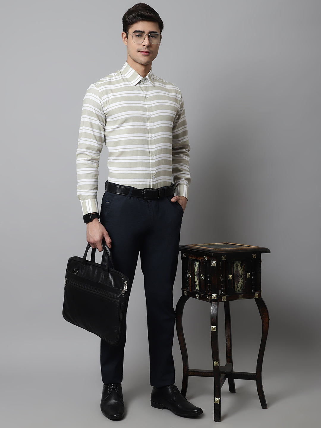 Jainish Men's Pista Green Classic Horizontal Striped Formal Shirt - Distacart