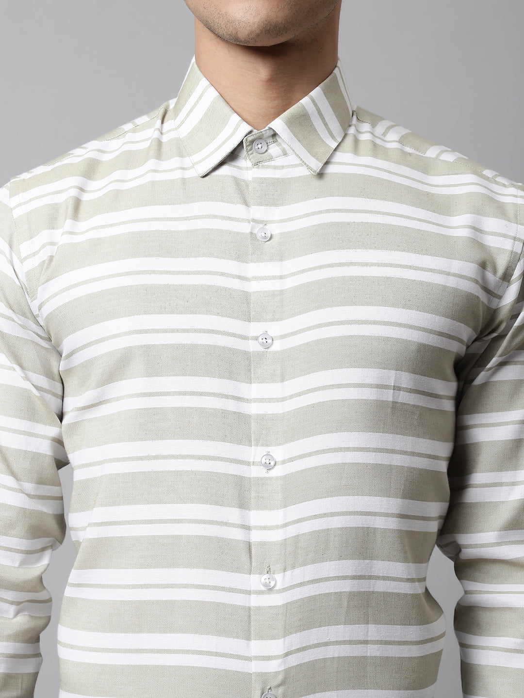 Jainish Men's Pista Green Classic Horizontal Striped Formal Shirt - Distacart