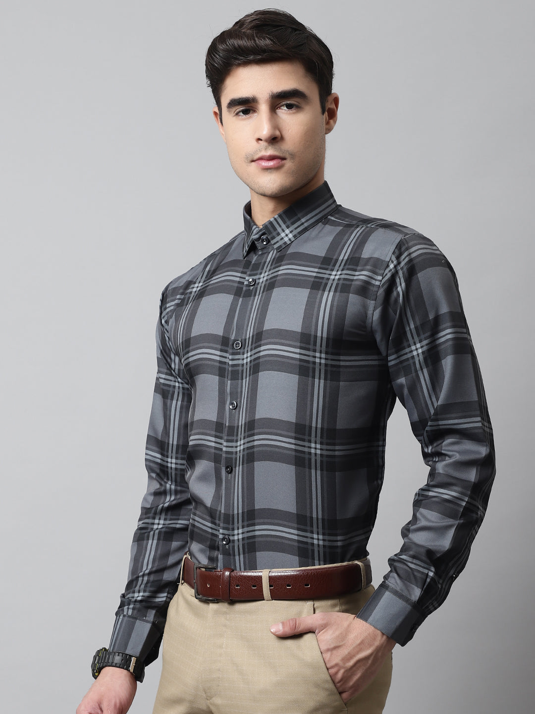 Jainish Men's Charcoal Grey Checks Regular Fit Cotton Formal Shirt - Distacart