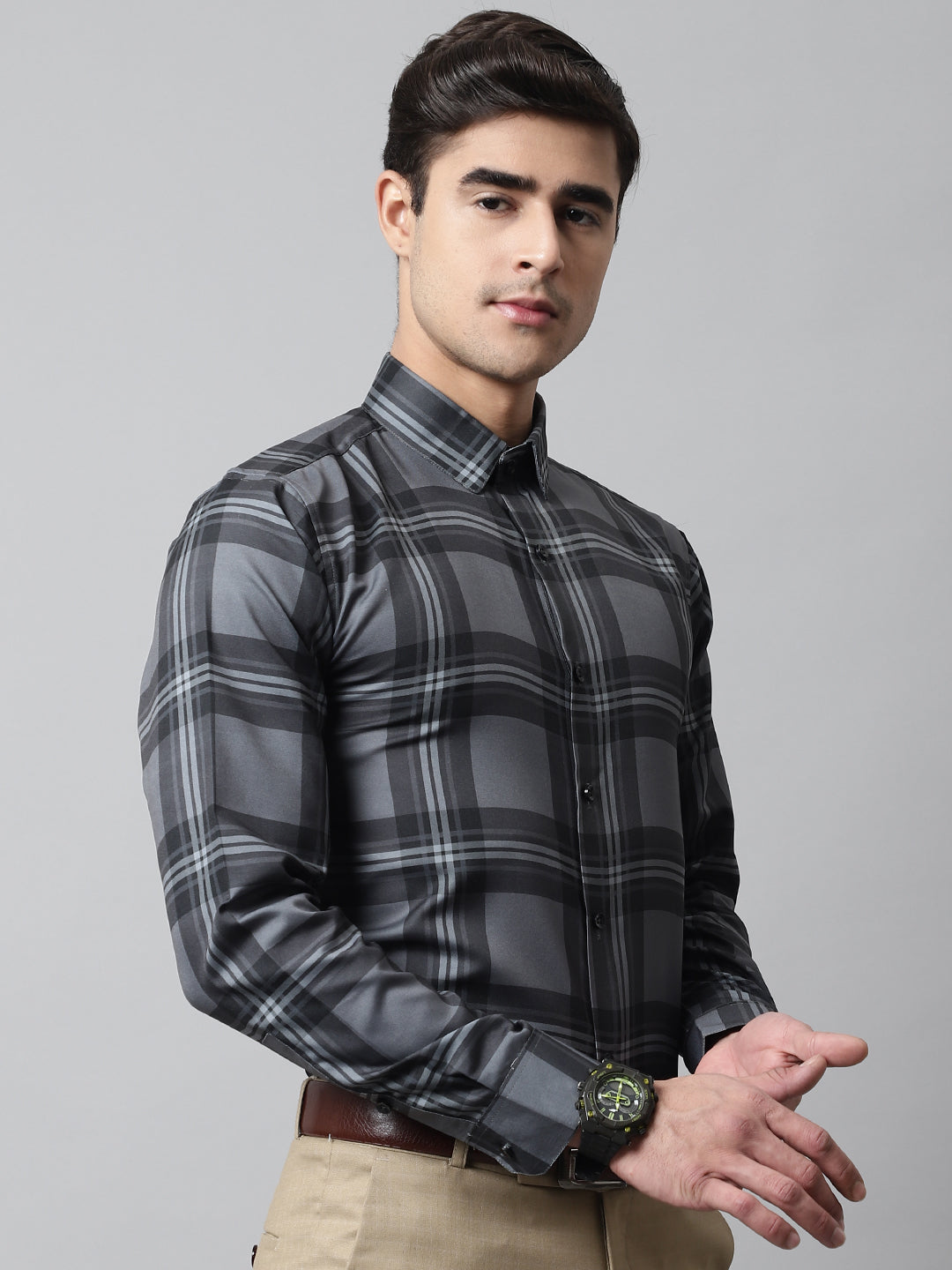 Jainish Men's Charcoal Grey Checks Regular Fit Cotton Formal Shirt - Distacart