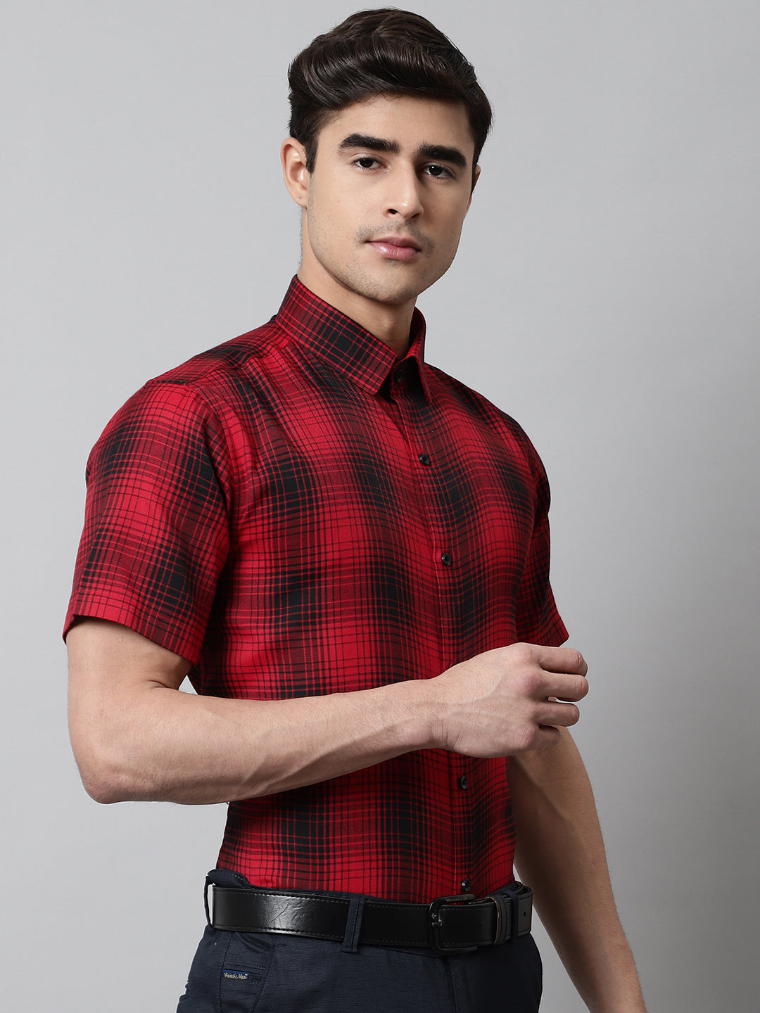 Jainish Men's Red Checks Regular Fit Cotton Formal Shirt - Distacart