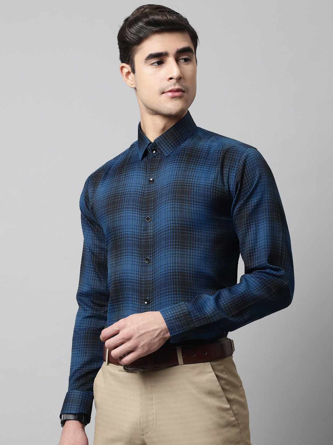 Jainish Men's Peacock Blue Checks Regular Fit Cotton Formal Shirt - Distacart