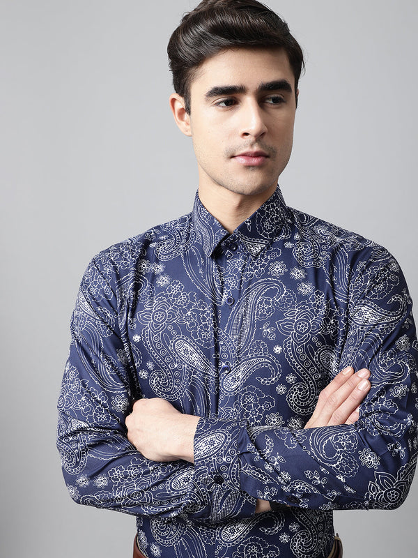 Jainish Men's Navy Blue Classic Printed Formal Shirt - Distacart