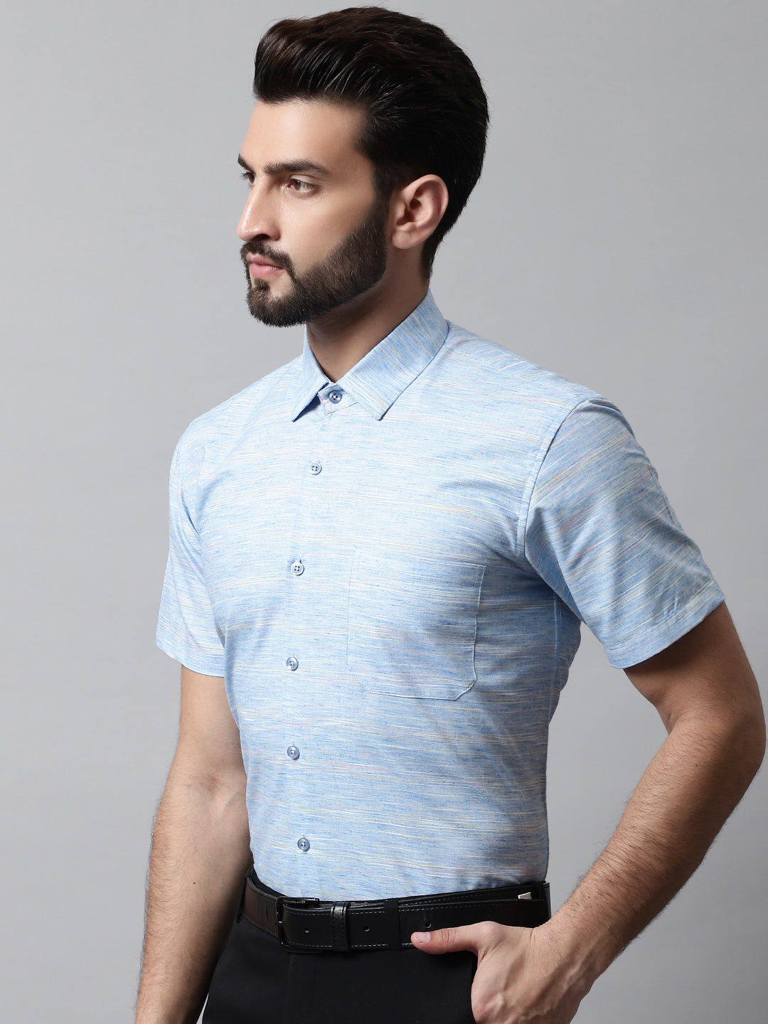 Jainish Men's Blue Woven Design Short Sleeves Formal Shirt - Distacart