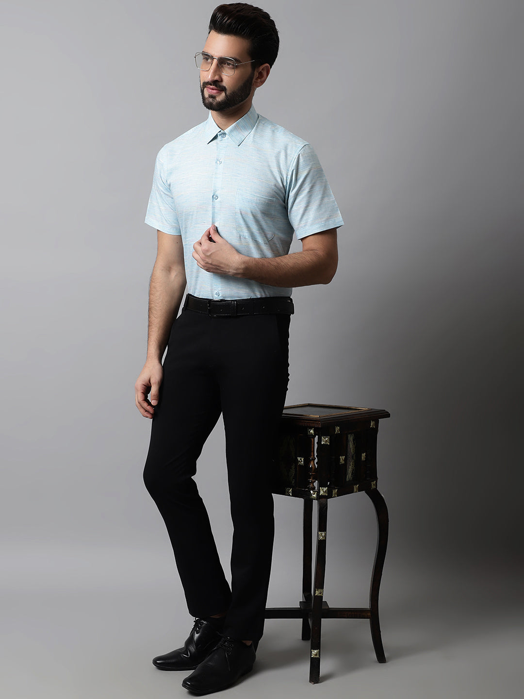 Jainish Men's Sky Blue Woven Design Short Sleeves Formal Shirt - Distacart