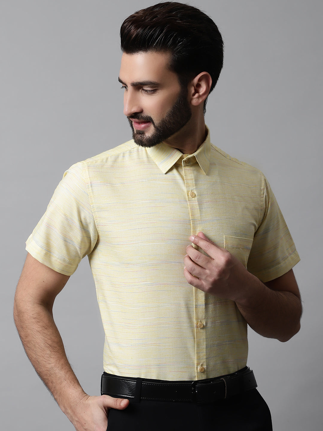 Jainish Men's Yellow Woven Design Short Sleeves Formal Shirt - Distacart