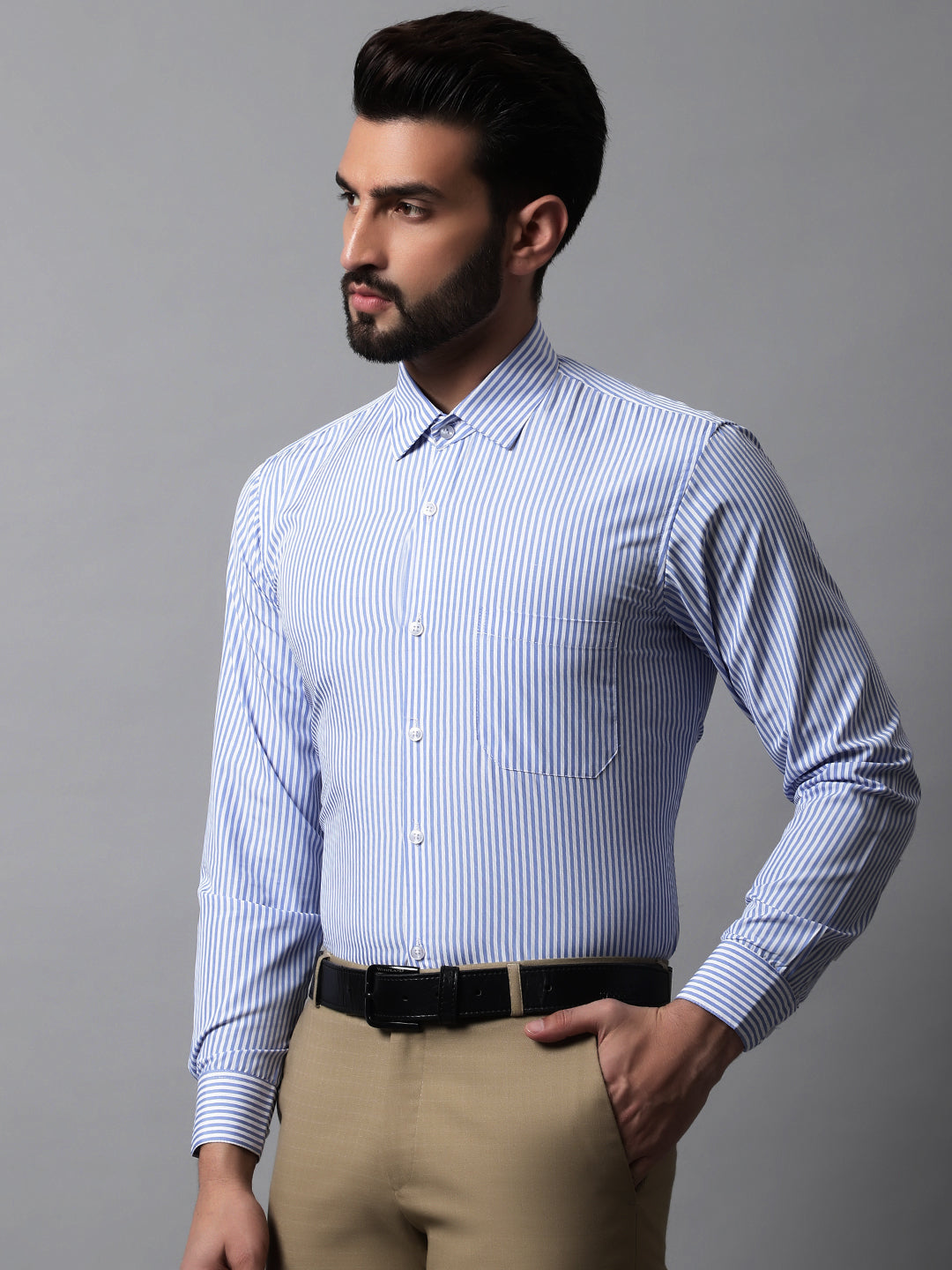 Jainish Men's Blue & White Regular Fit Striped Formal Shirt - Distacart