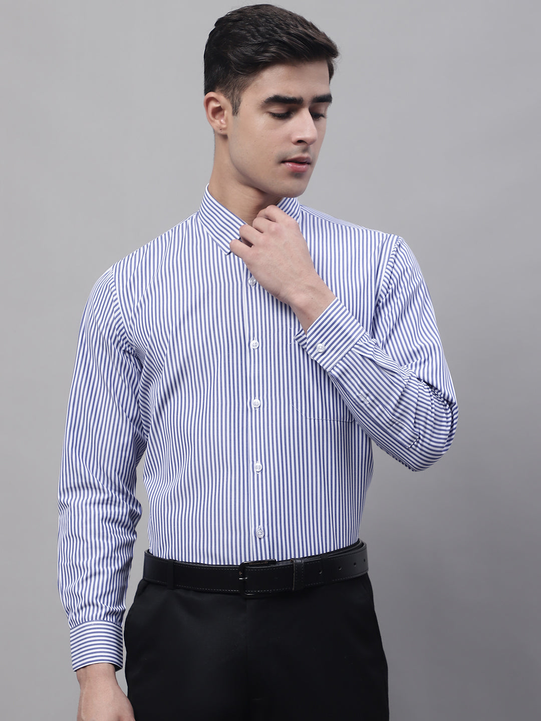 Jainish Men's Navy Blue & White Regular Fit Striped Formal Shirt - Distacart