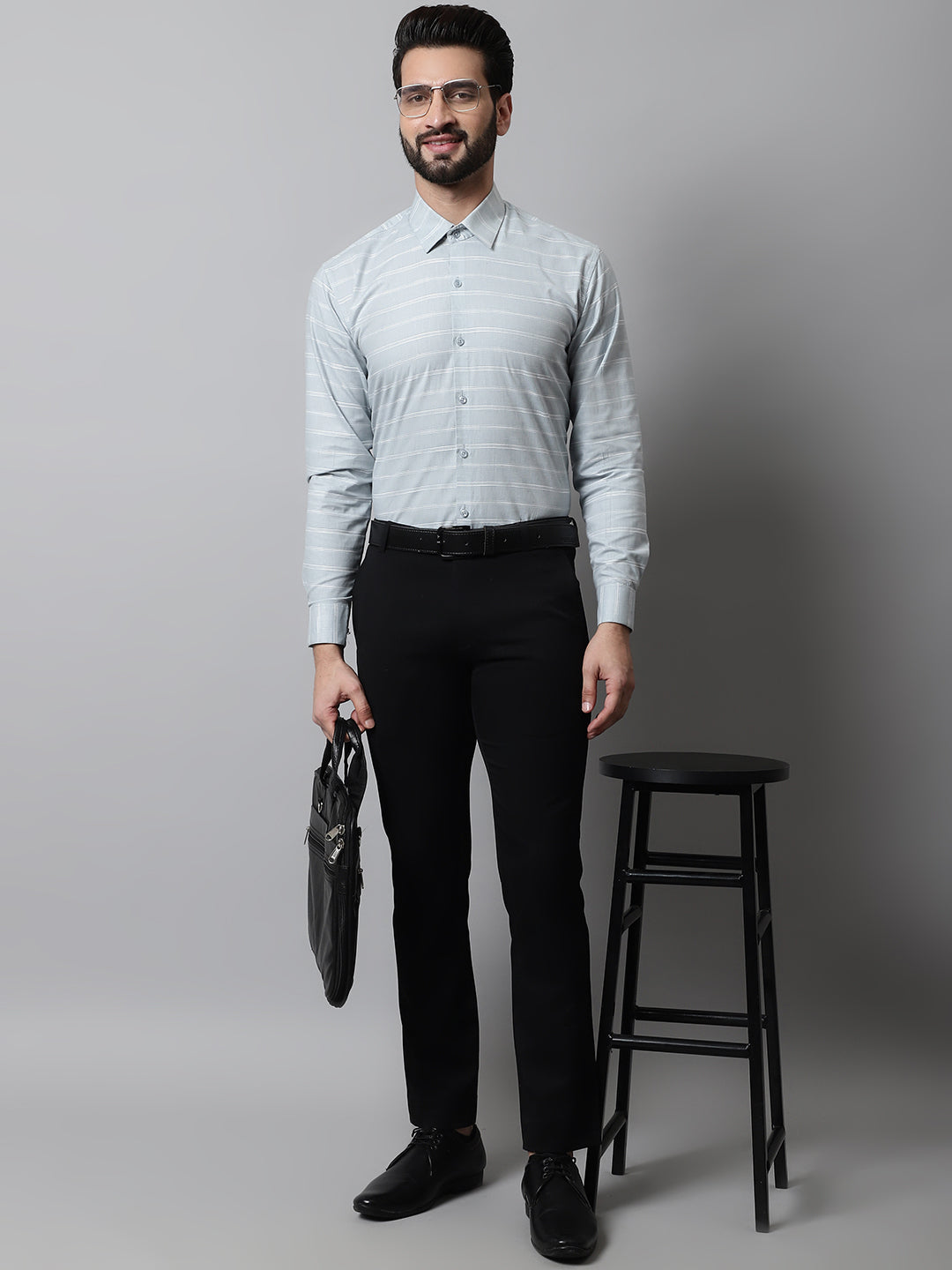 Jainish Men's Grey Classic Striped Formal Cotton Shirt - Distacart