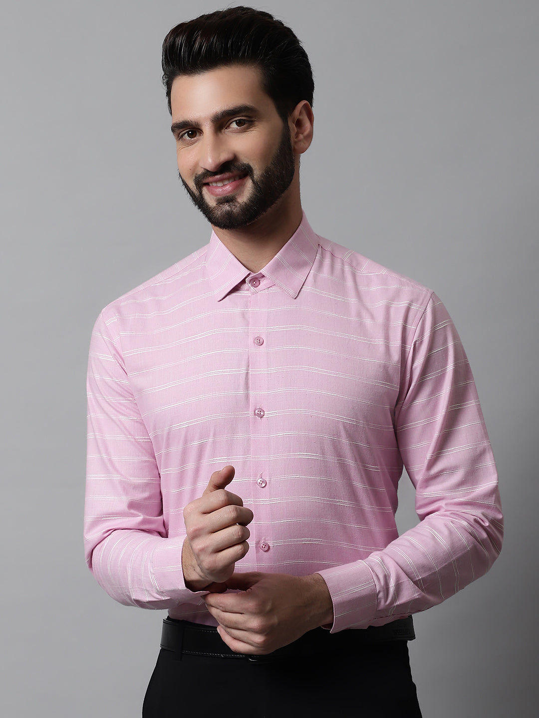 Jainish Men's Pink Classic Striped Formal Cotton Shirt - Distacart