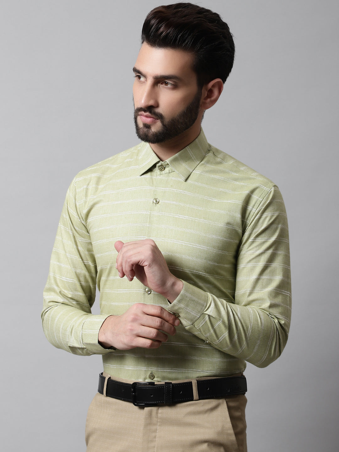 Jainish Men's Pista Green Classic Striped Formal Cotton Shirt - Distacart