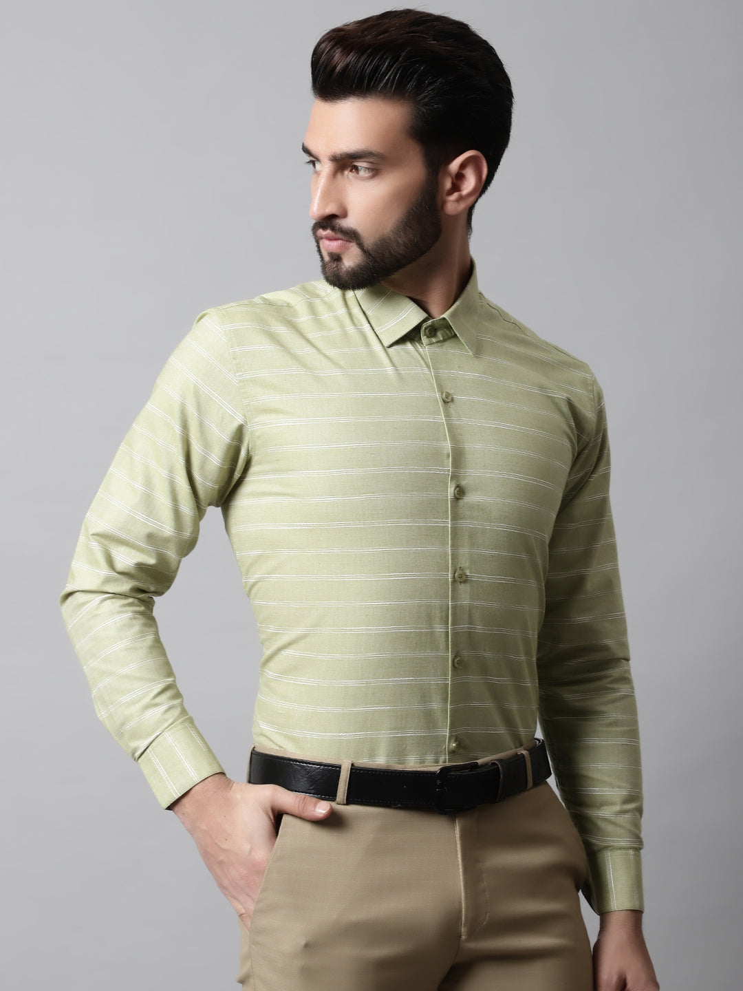 Jainish Men's Pista Green Classic Striped Formal Cotton Shirt - Distacart