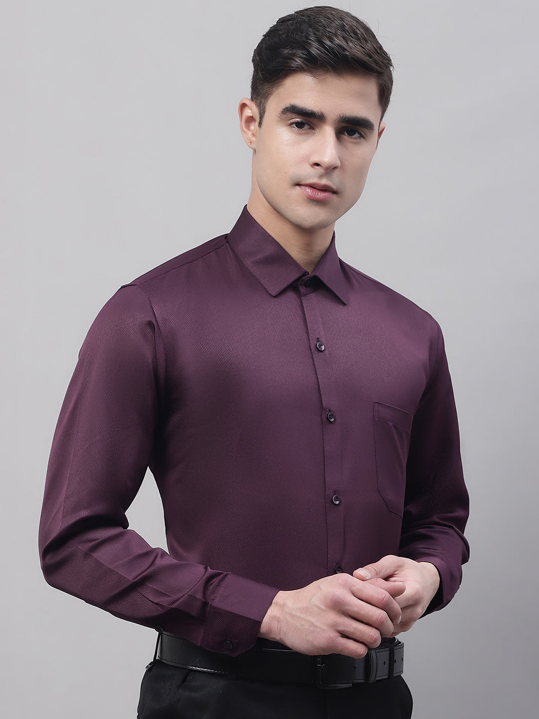 Jainish Men's Purple-Wine Dobby Textured Formal Shirt - Distacart