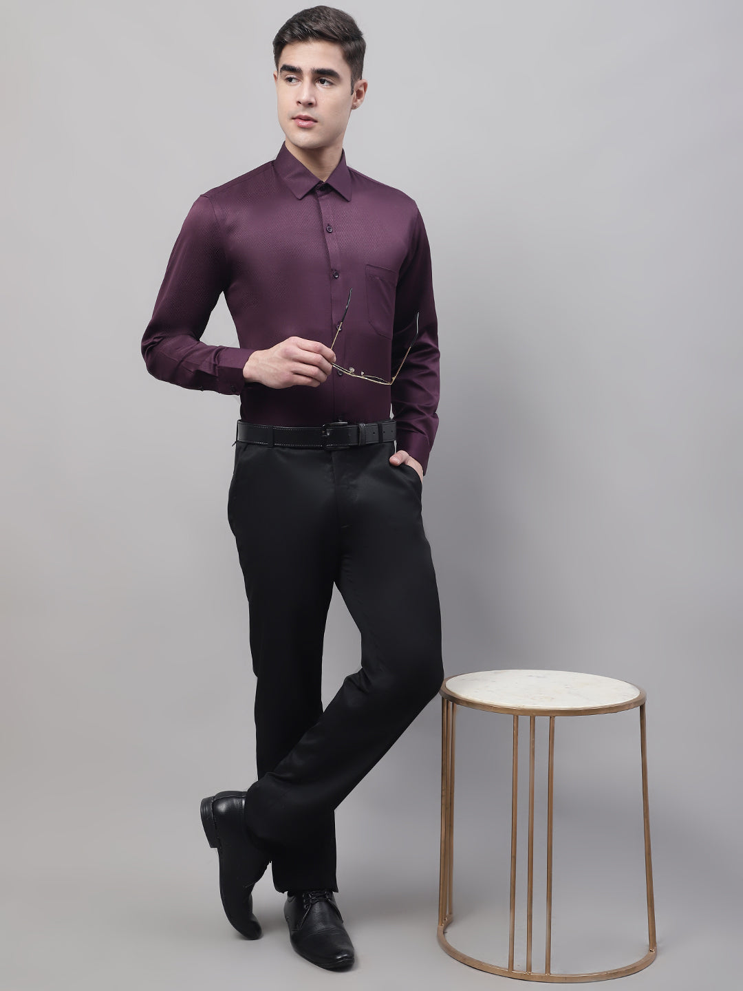 Jainish Men's Purple-Wine Dobby Textured Formal Shirt - Distacart