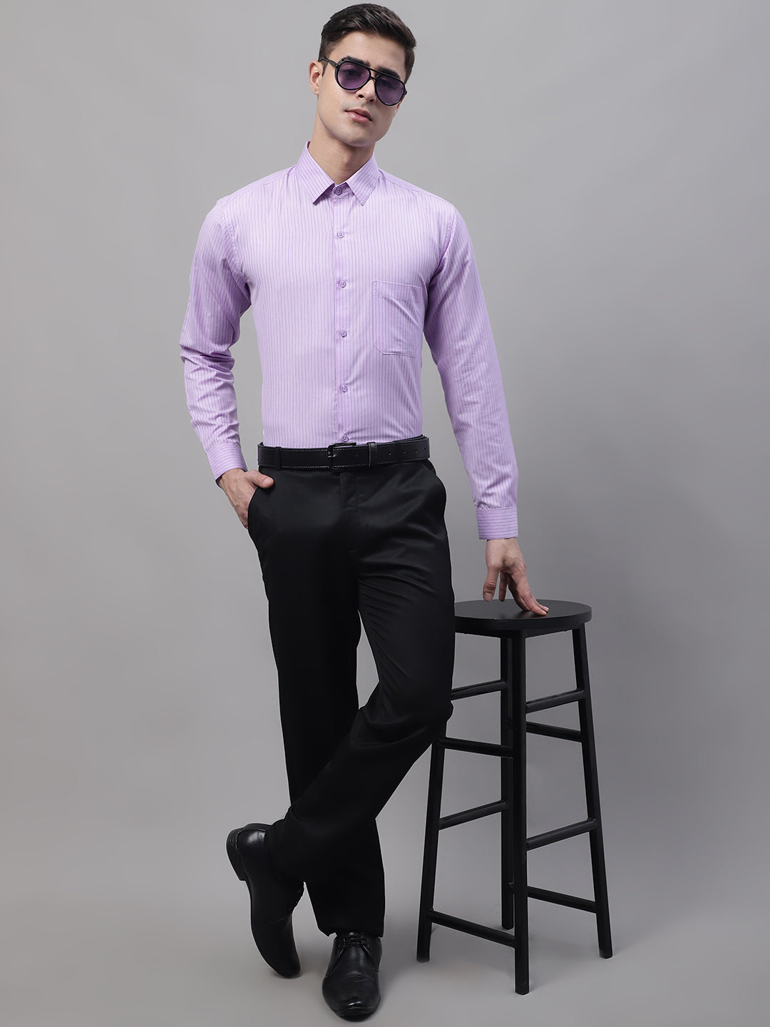 Jainish Men's Purple Vertical Striped Formal Shirt - Distacart