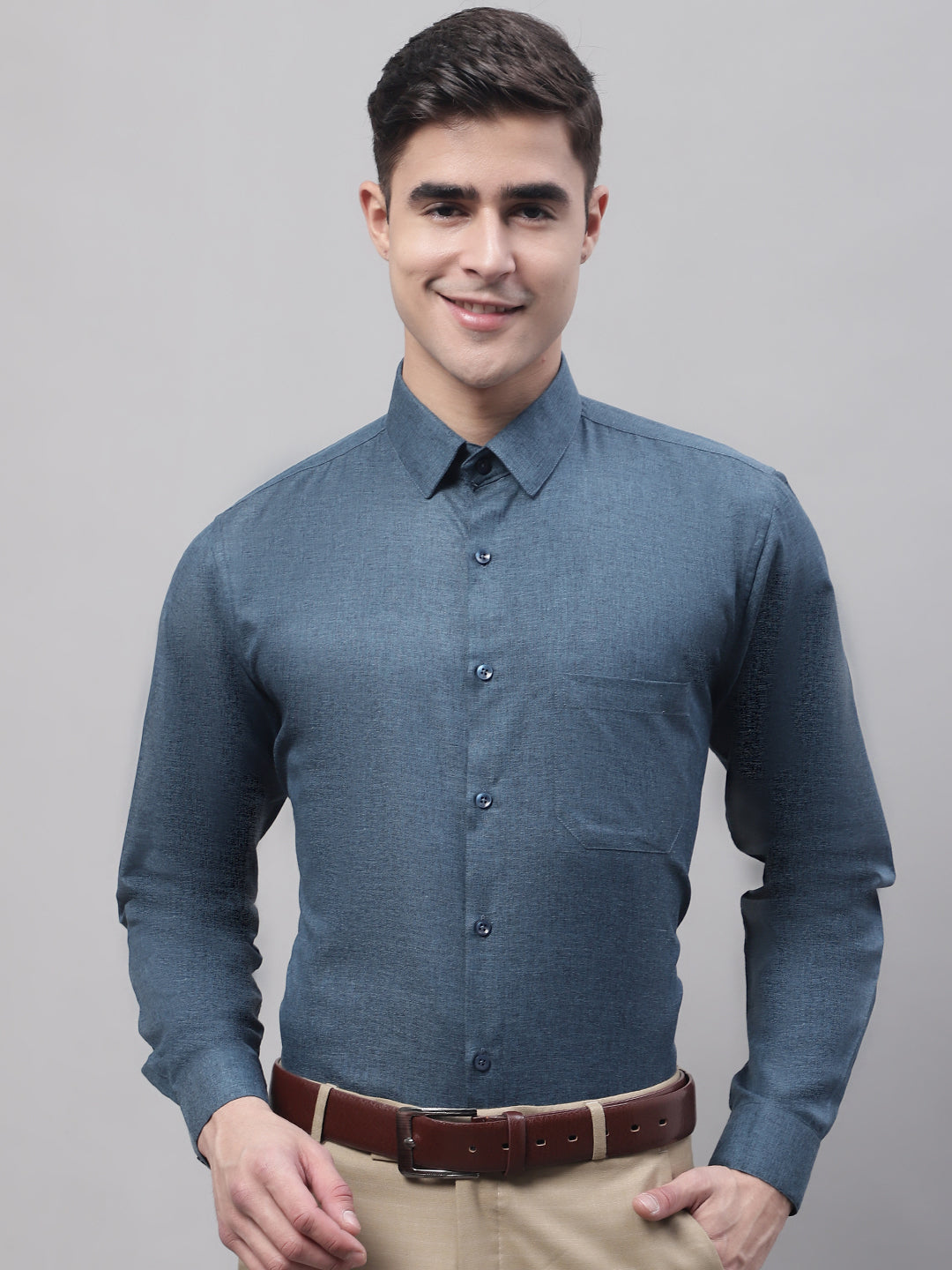 Jainish Men's Teal Blue Cotton Solid Formal Shirt - Distacart