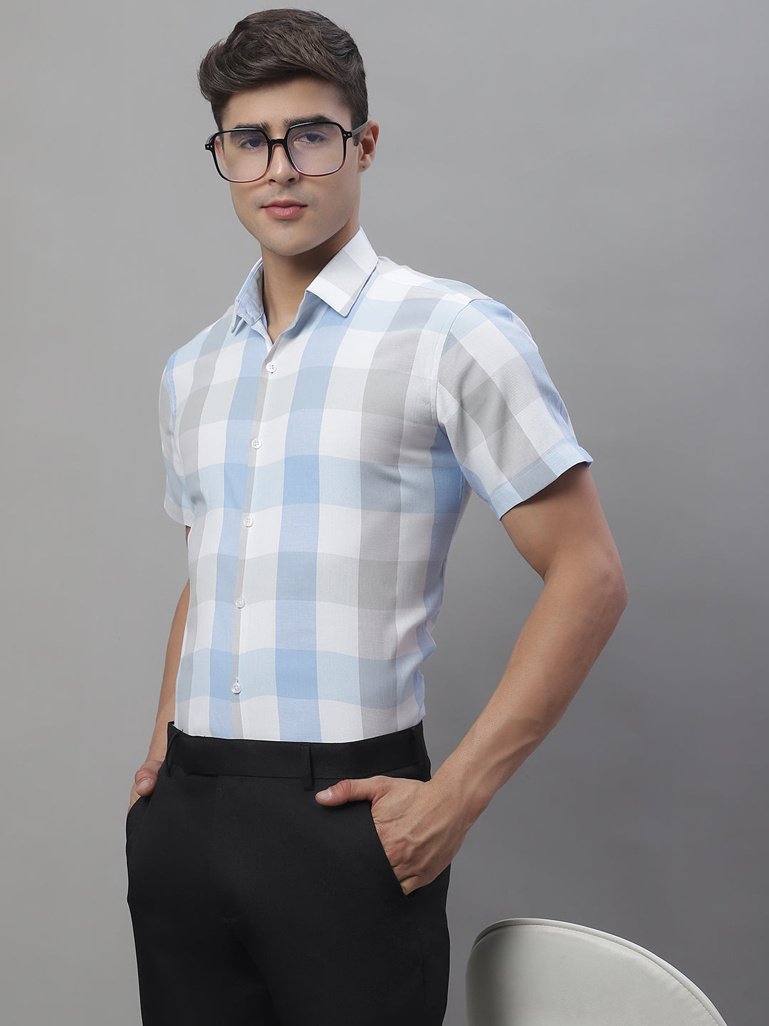 Jainish Men's Pure Cotton Checked Formal Shirts - Blue - Distacart
