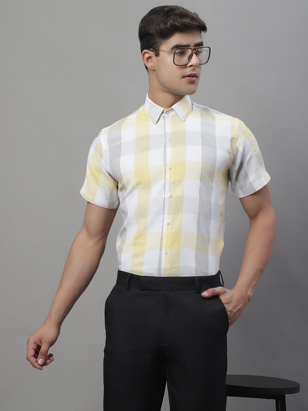 Jainish Men's Pure Cotton Checked Formal Shirts - Yellow - Distacart