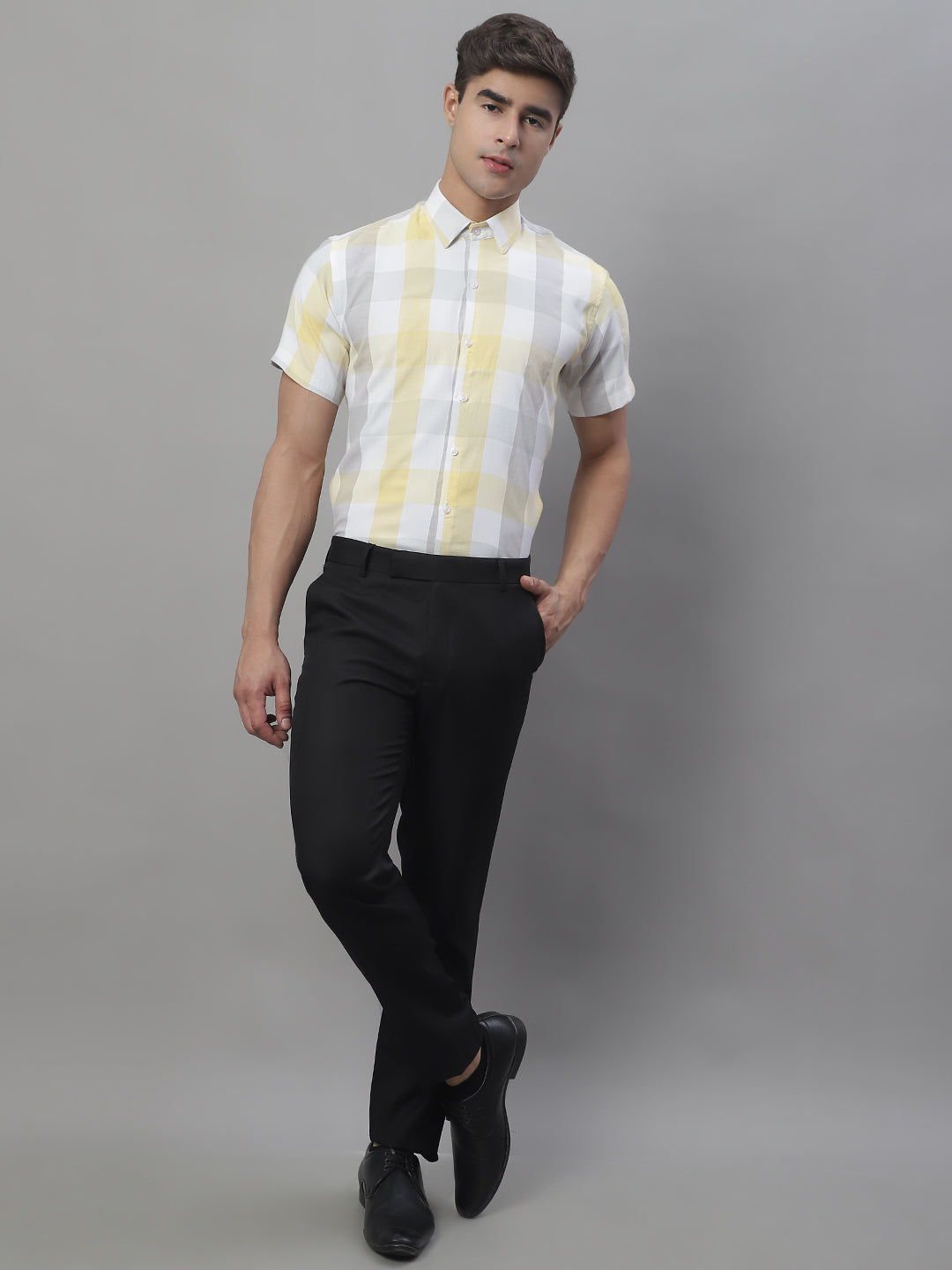 Jainish Men's Pure Cotton Checked Formal Shirts - Yellow - Distacart
