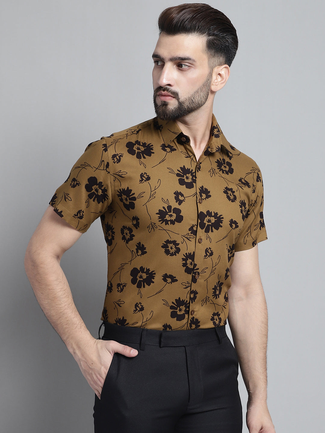 Jainish Men's Floral Printed Formal Shirt - Mustard - Distacart