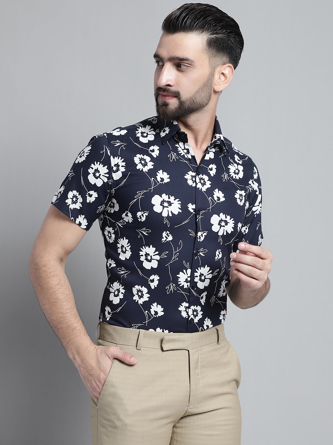 Jainish Men's Floral Printed Formal Shirt - Navy Blue - Distacart