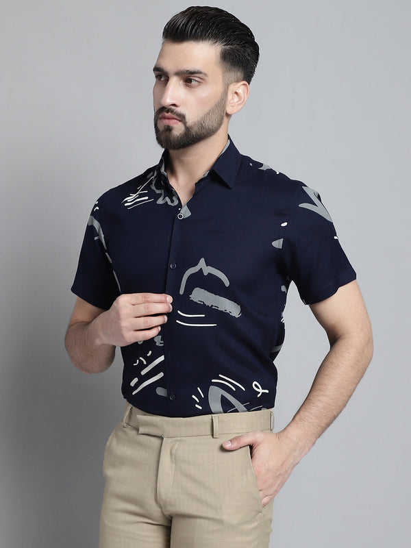 Jainish Men's Printed Formal Shirt - Navy Blue - Distacart
