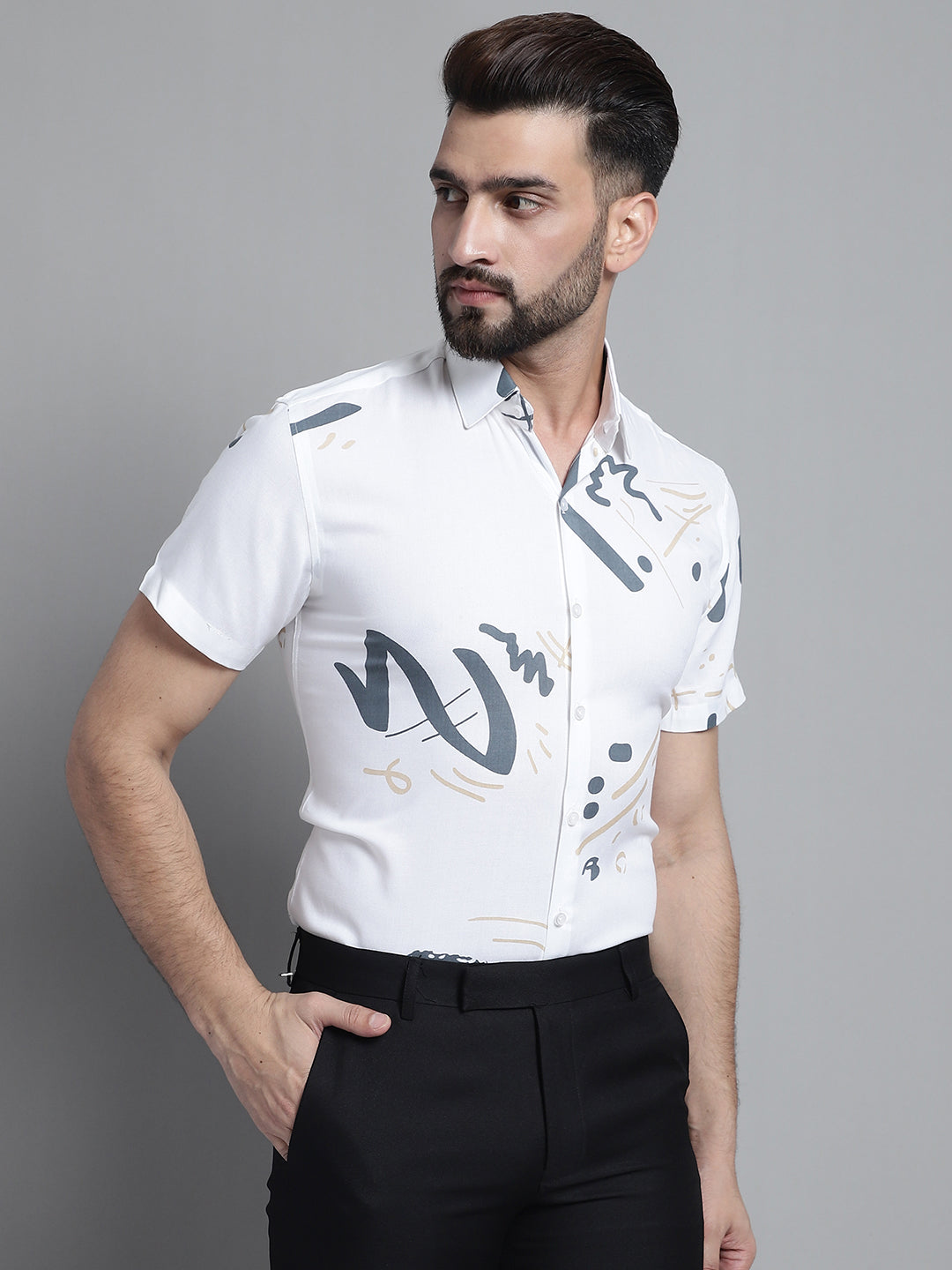 Jainish Men's Printed Formal Shirt - White - Distacart