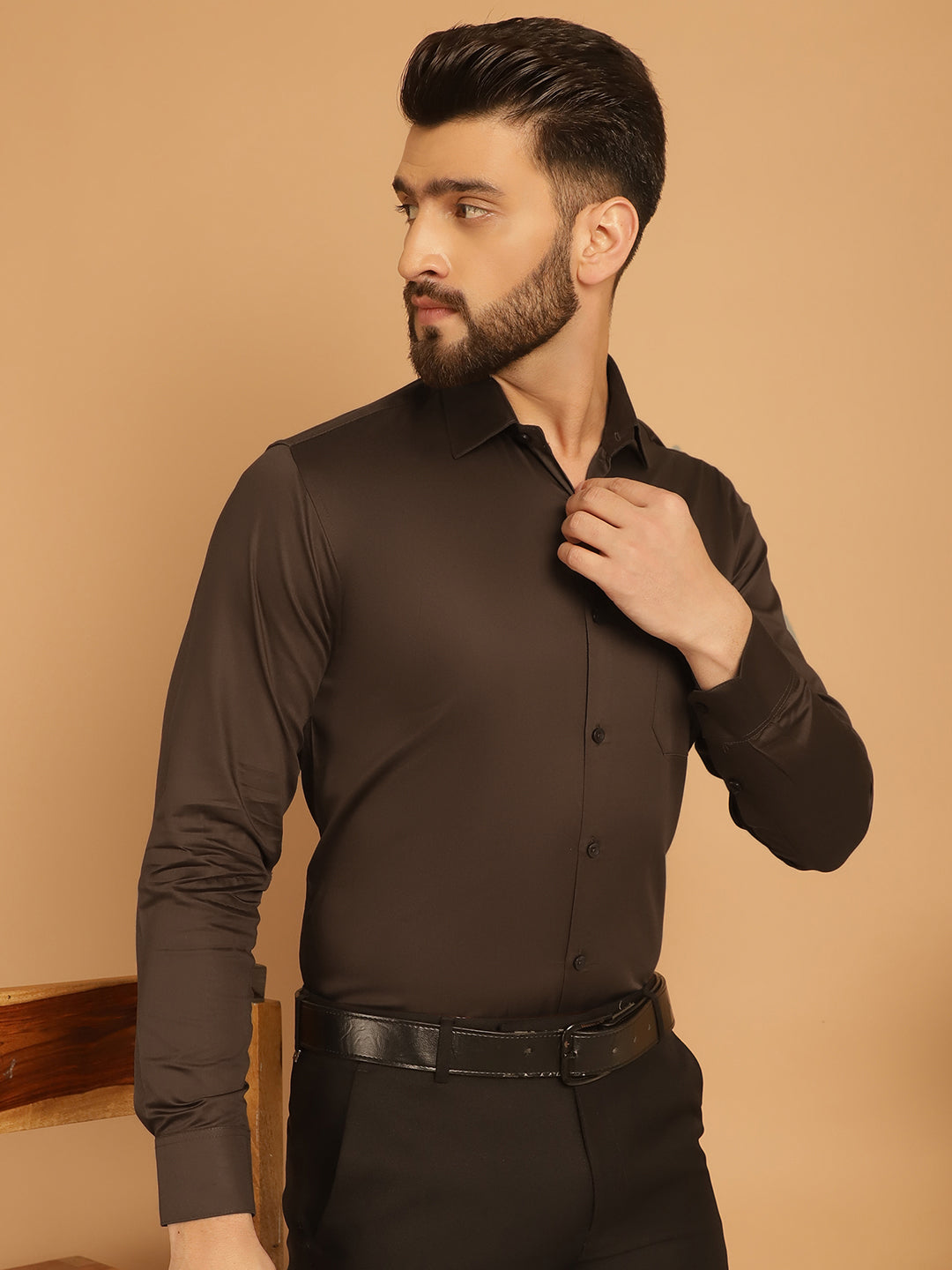 Indian Needle Men's Cotton Solid Formal Shirt - Coffee - Distacart