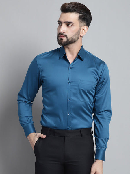 Jainish Men's Cotton Solid Formal Shirt - Peacock - Distacart