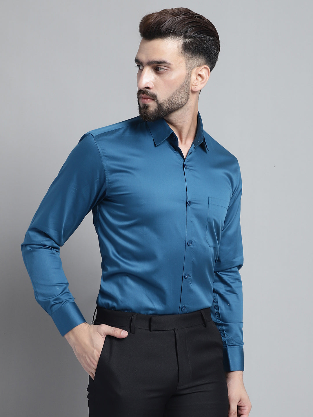 Jainish Men's Cotton Solid Formal Shirt - Peacock - Distacart