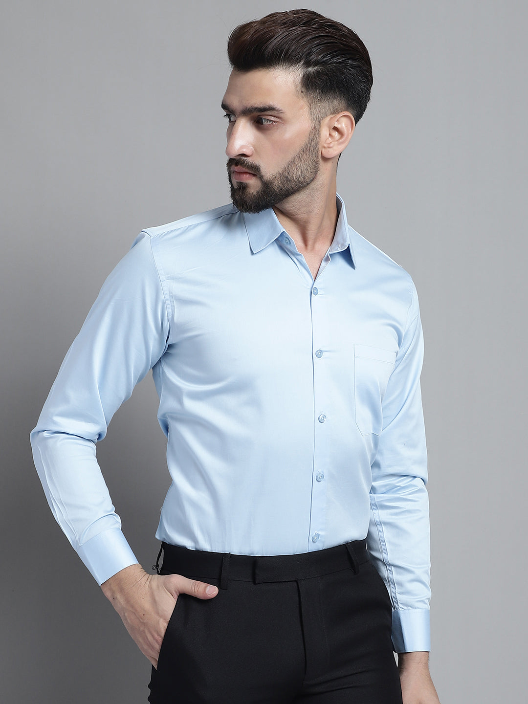 Jainish Men's Cotton Solid Formal Shirt - Sky Blue - Distacart