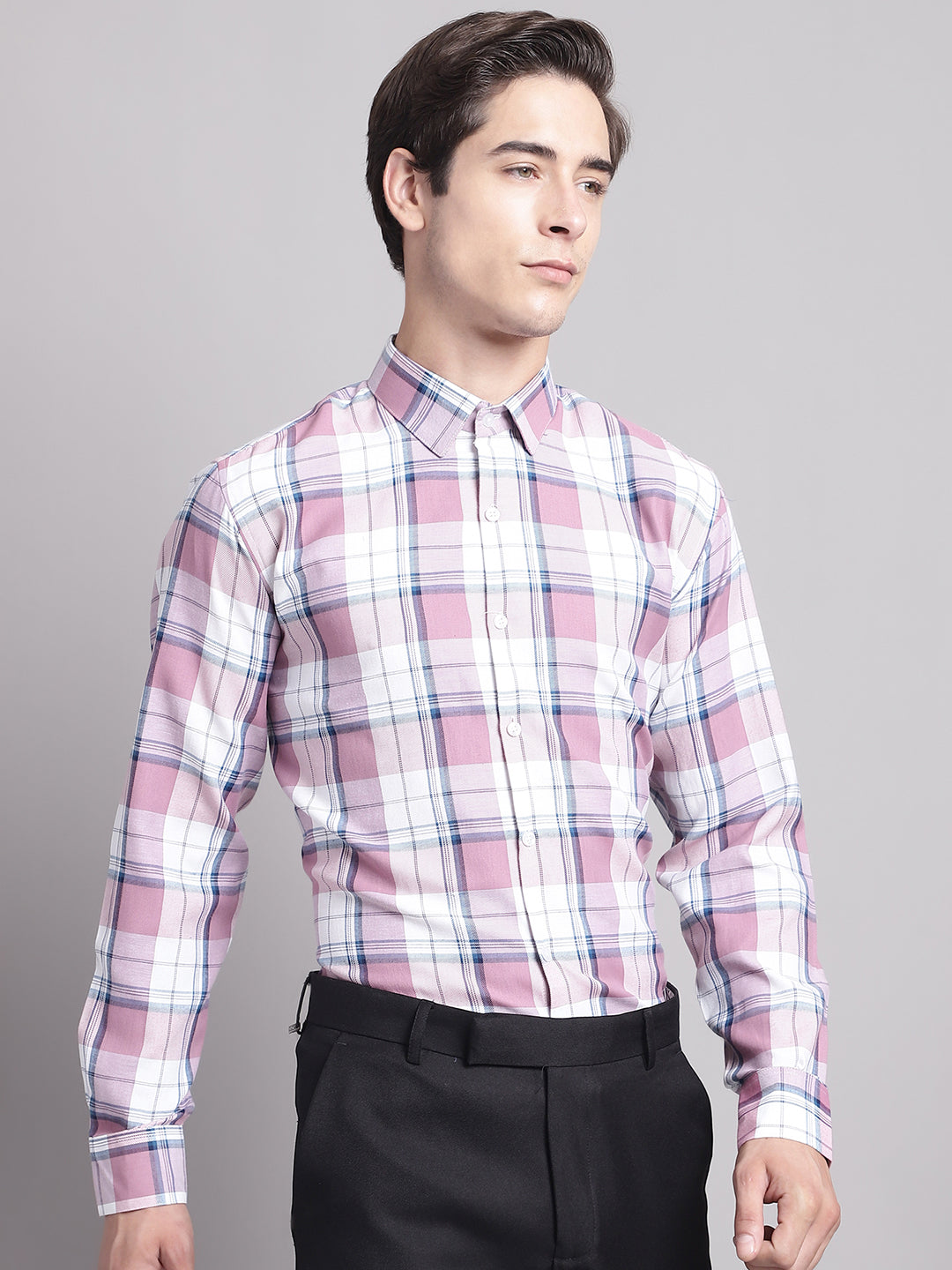Jainish Men's Pink Checked Ragular Fit Formal Shirt - Pink - Distacart