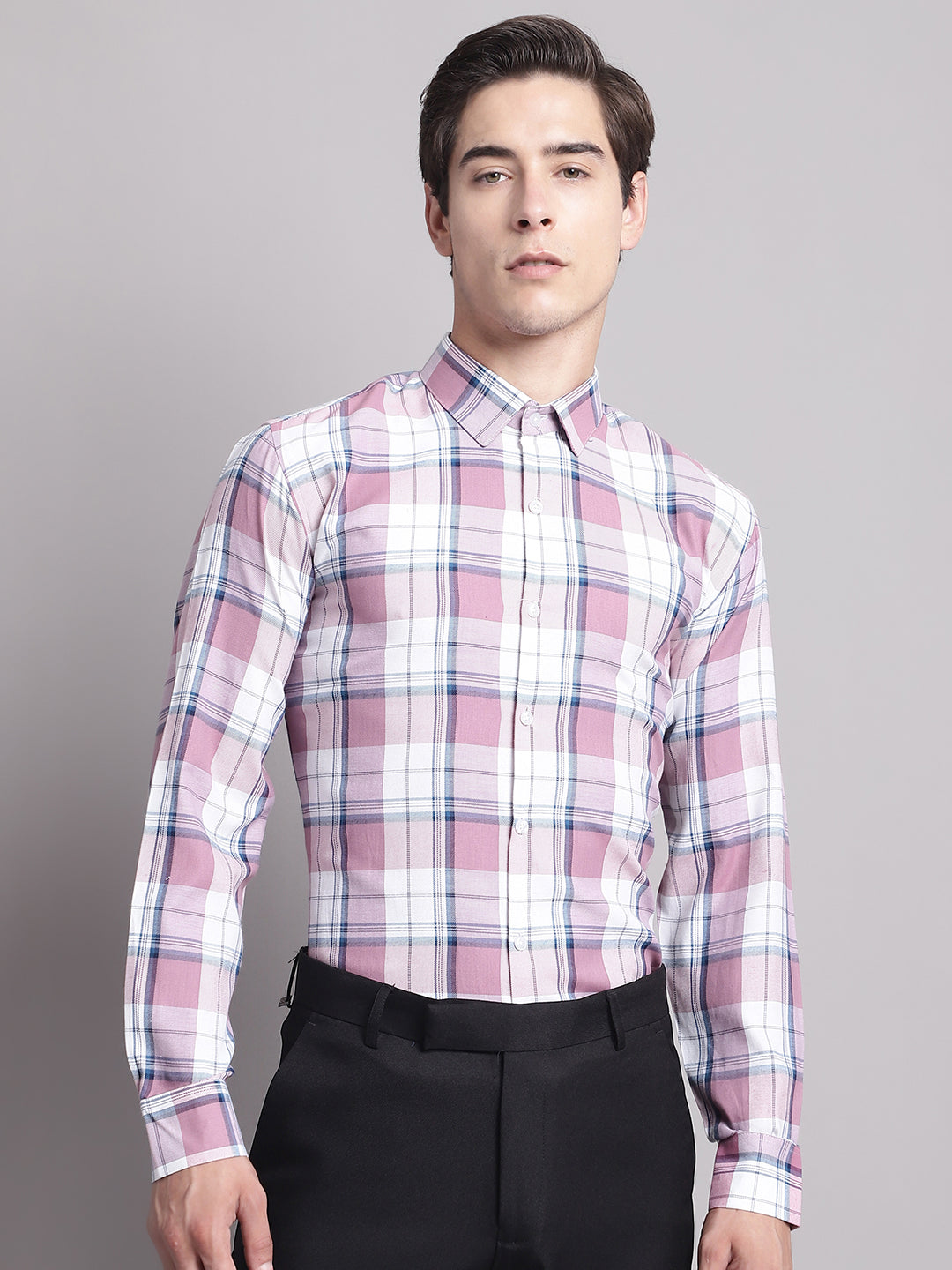 Jainish Men's Pink Checked Ragular Fit Formal Shirt - Pink - Distacart