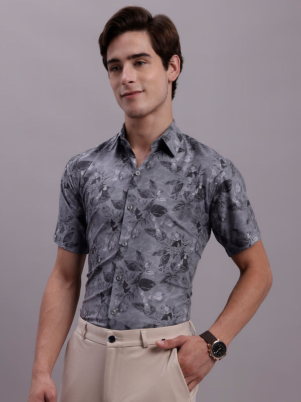 Jainish Men's Floral Printed Formal Shirt - Charcoal - Distacart