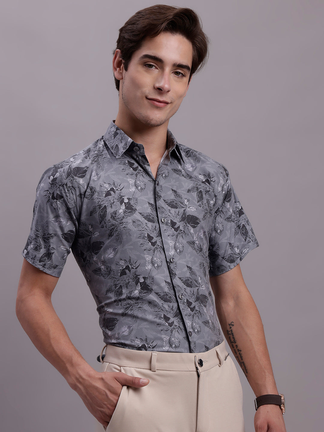 Jainish Men's Floral Printed Formal Shirt - Charcoal - Distacart