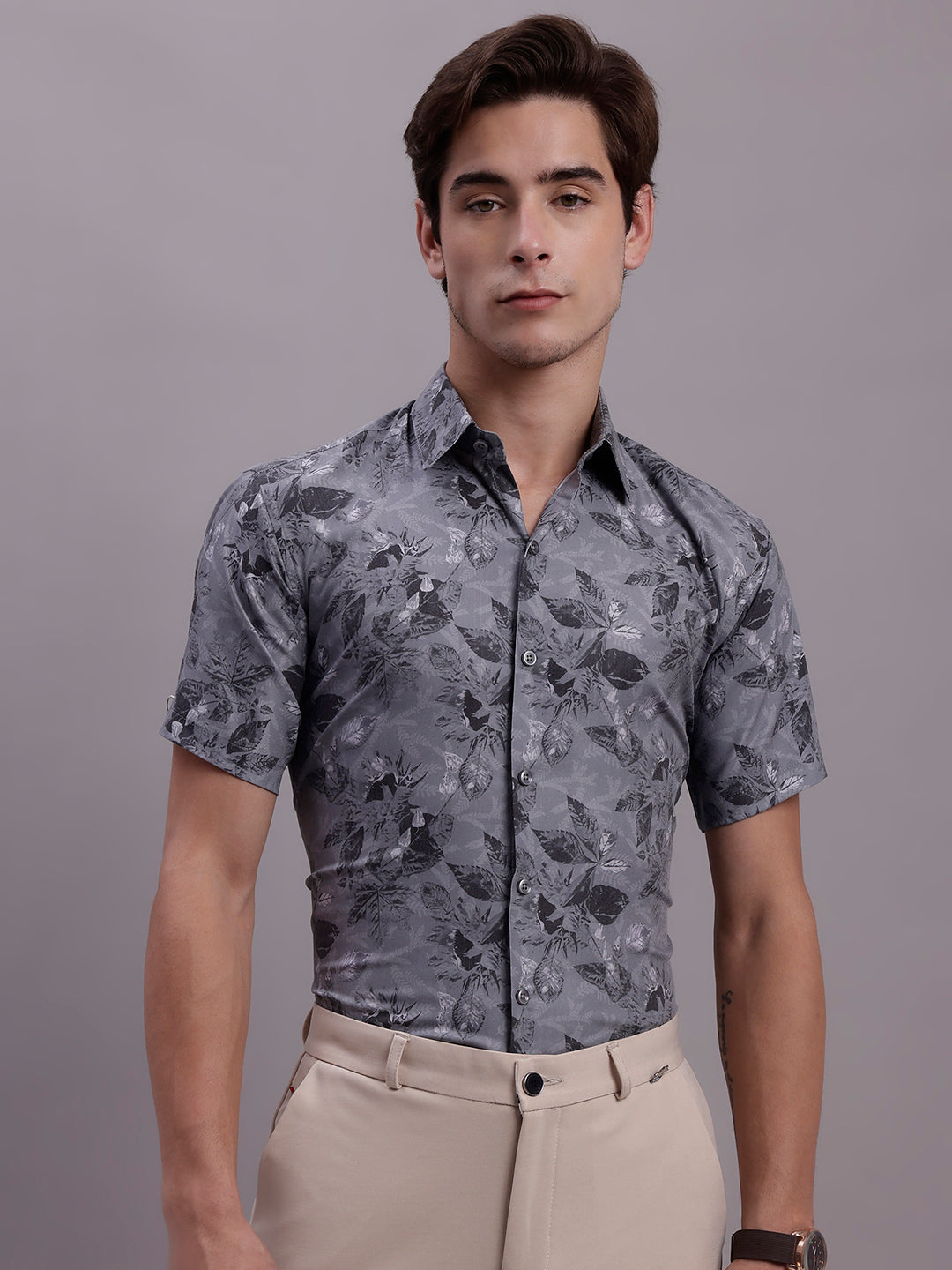 Jainish Men's Floral Printed Formal Shirt - Charcoal - Distacart
