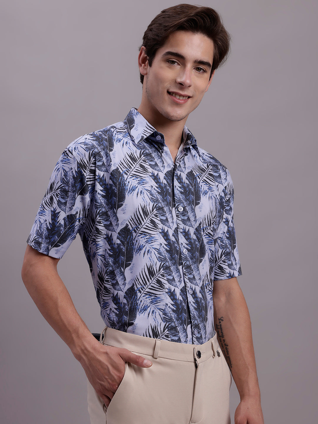 Jainish Men's Floral Printed Formal Shirt - Grey - Distacart