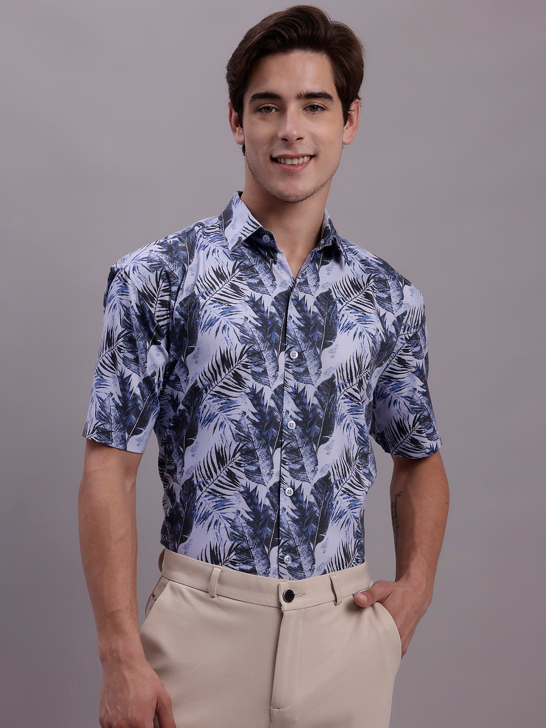 Jainish Men's Floral Printed Formal Shirt - Grey - Distacart