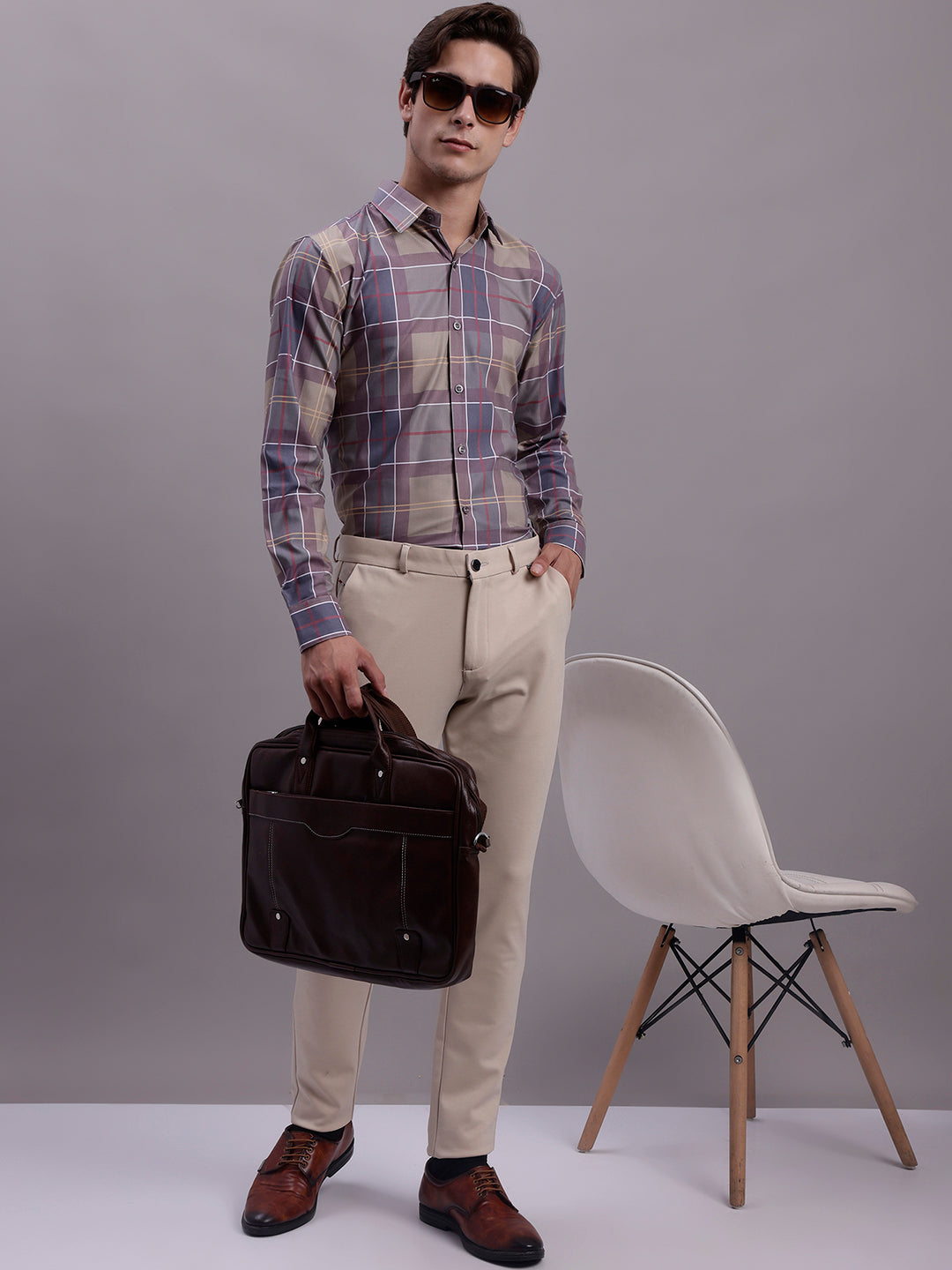 Jainish Men's Cotton Blend Checked Formal Shirt - Brown - Distacart