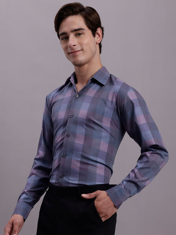 Jainish Men's Cotton Blend Checked Formal Shirt - Purple - Distacart