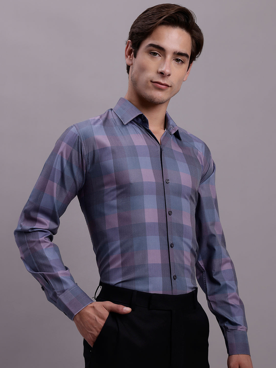 Jainish Men's Cotton Blend Checked Formal Shirt - Purple - Distacart