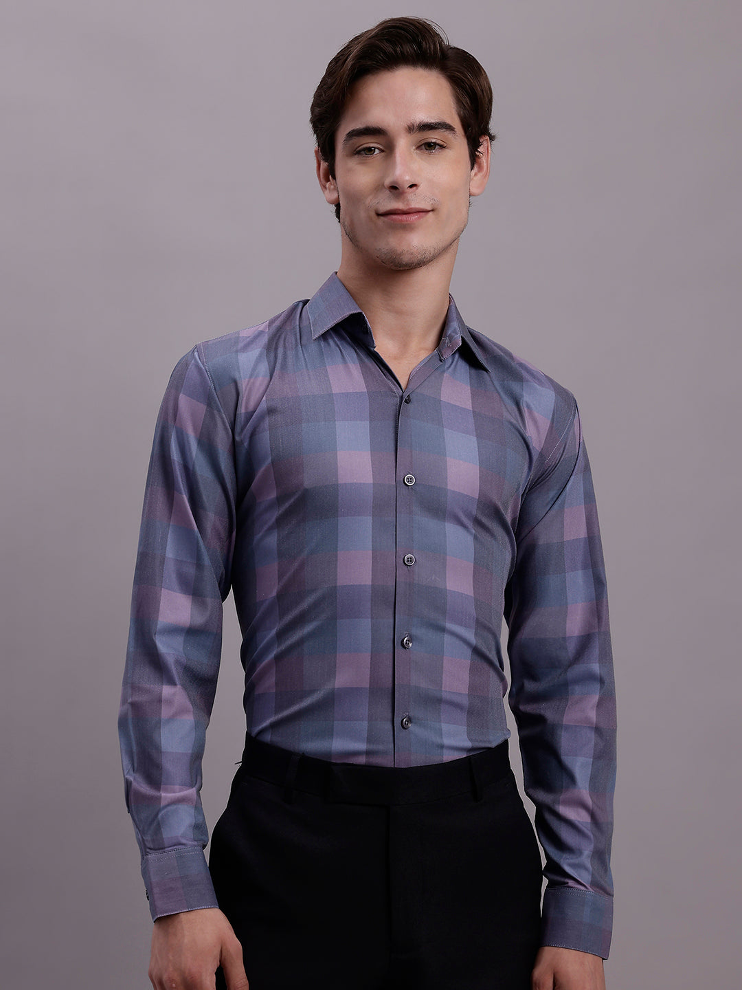 Jainish Men's Cotton Blend Checked Formal Shirt - Purple - Distacart