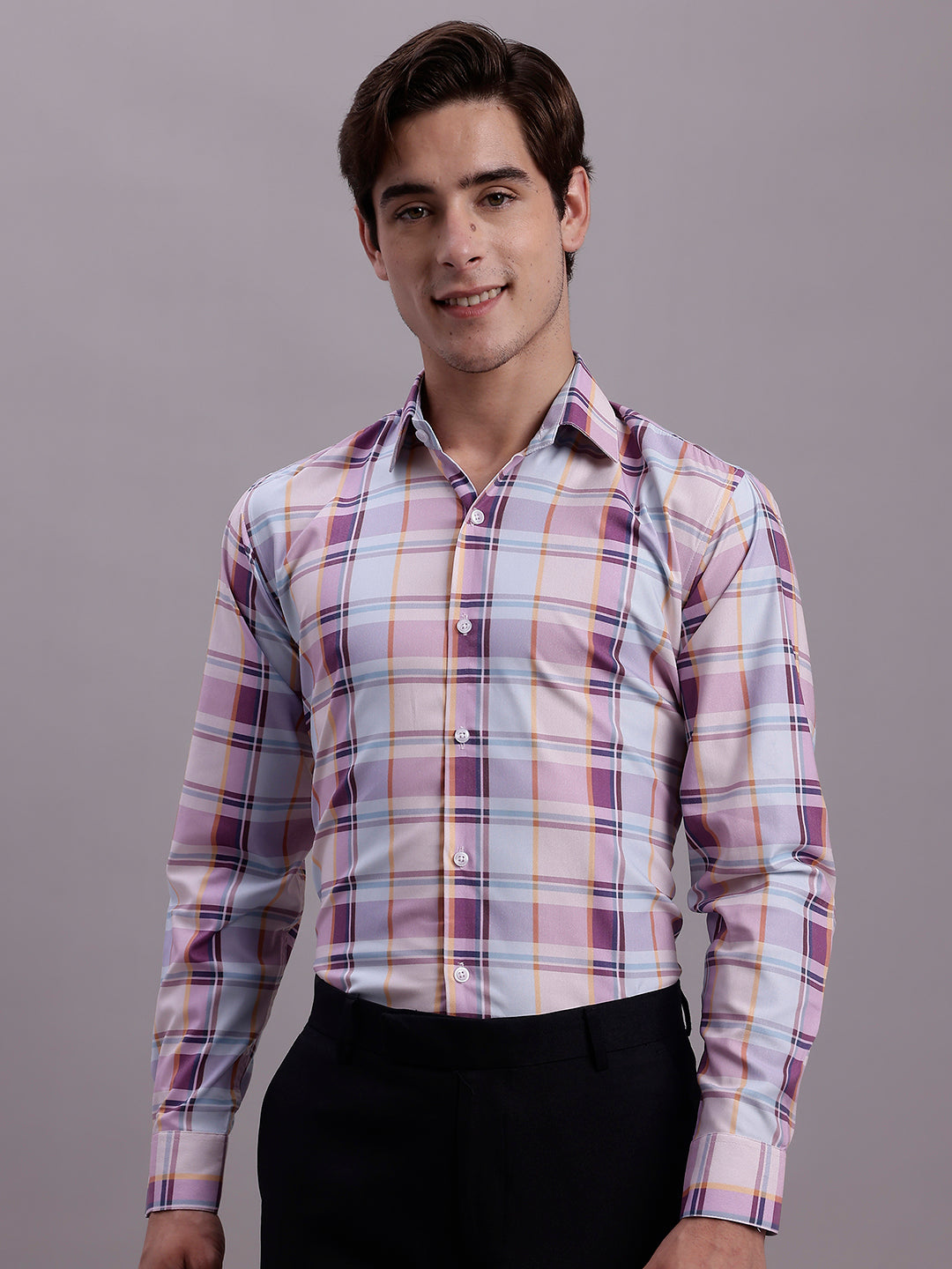 Jainish Men's Cotton Blend Checked Formal Shirt - Wine - Distacart