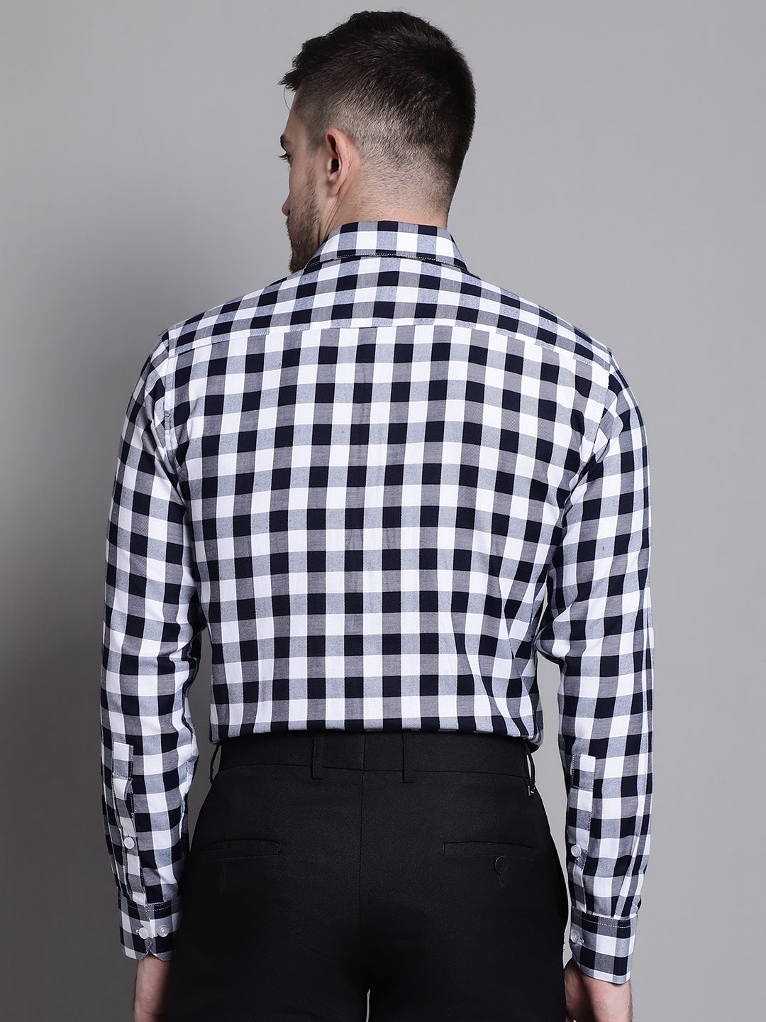 Jainish Men's Buffalo Check Formal Shirt - Navy Blue - Distacart