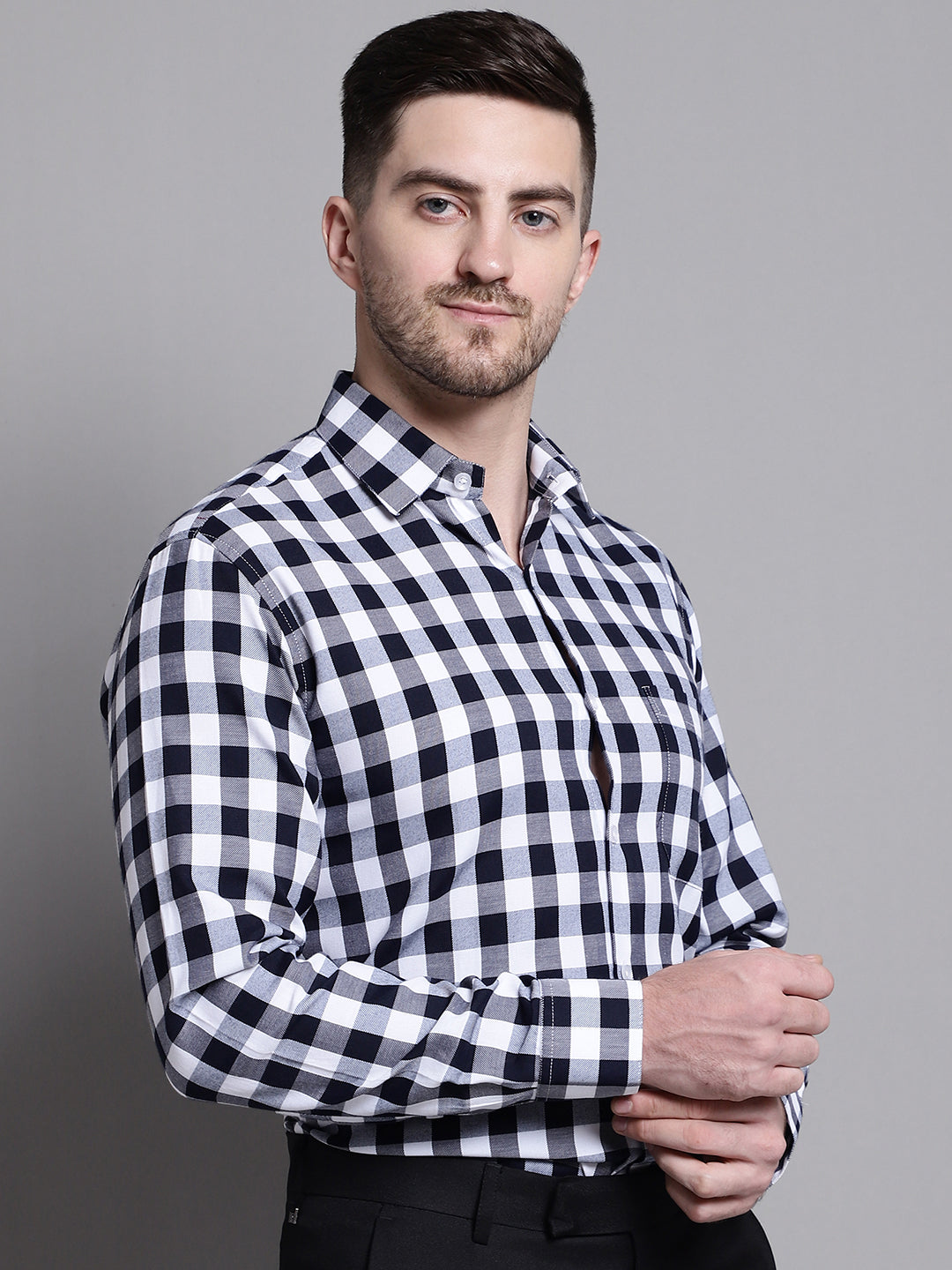 Jainish Men's Buffalo Check Formal Shirt - Navy Blue - Distacart