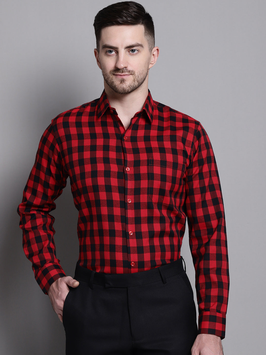 Jainish Men's Buffalo Check Formal Shirt - Red - Distacart