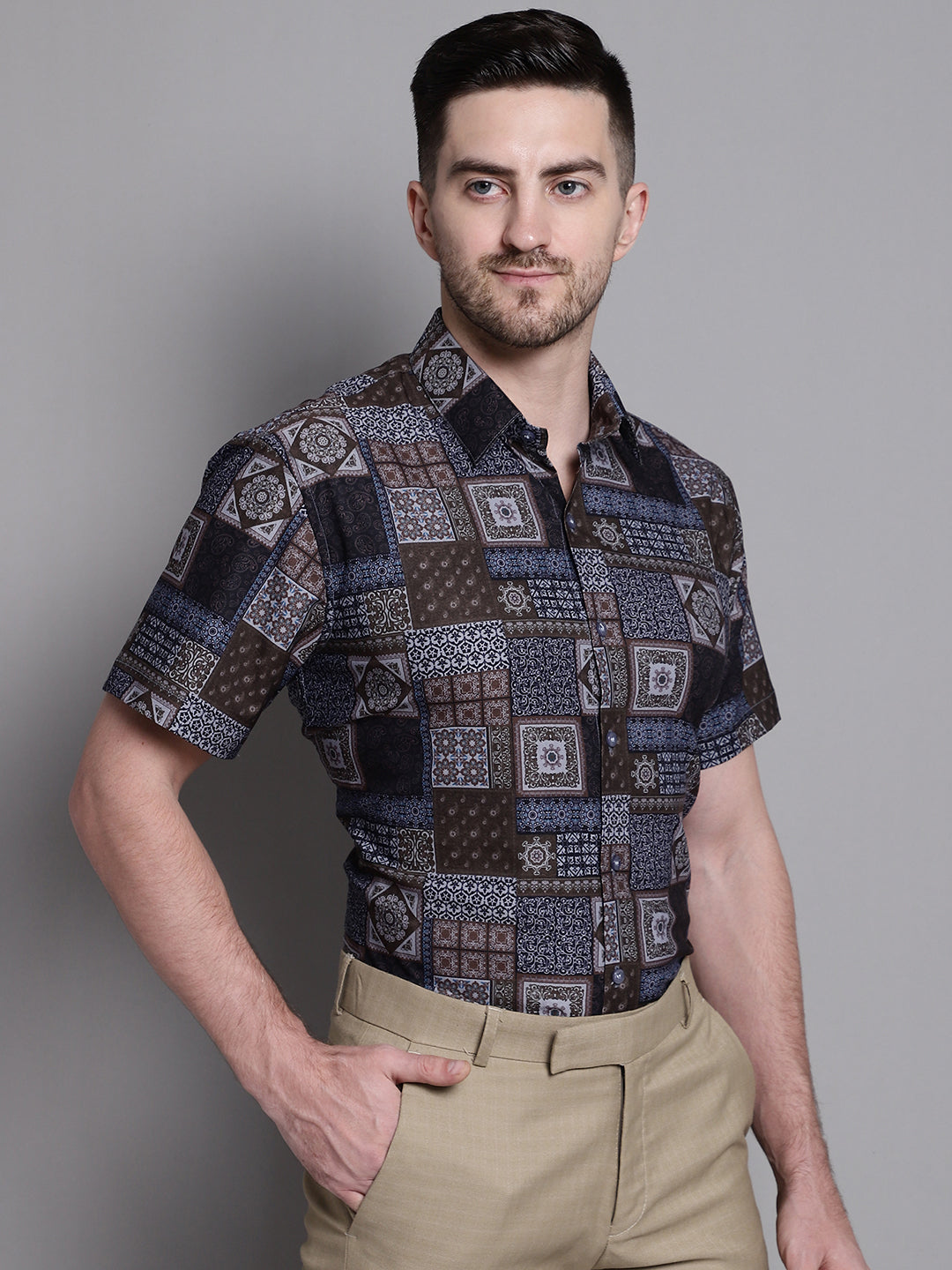 Jainish Men's Printed Formal Shirt - Coffee - Distacart